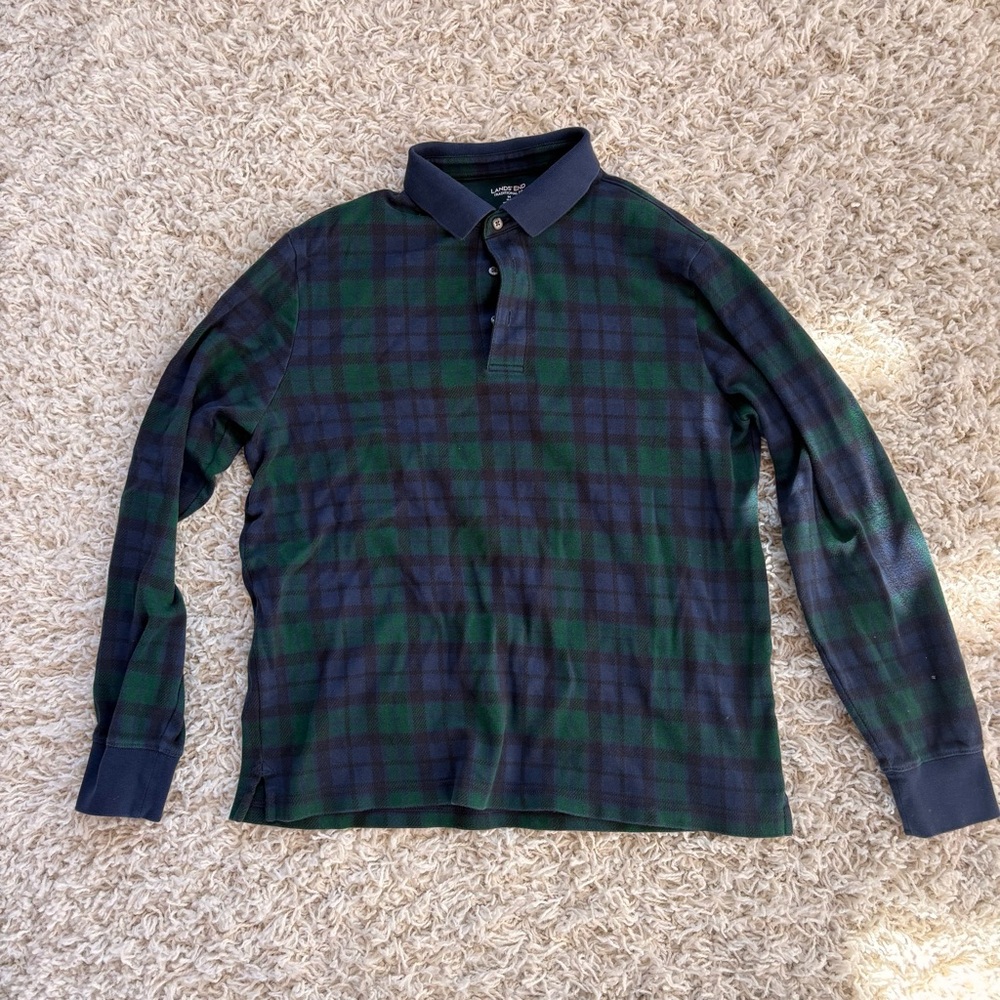 Lands' End Men's Casual Plaid Shirt - Navy and Forest